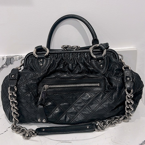 Marc Jacobs Stam Black Quilted Kiss Lock Snap Closure Satchel Purse Y2K Vintage - Picture 1 of 10